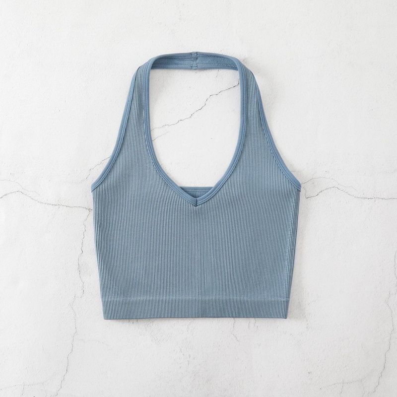 Neckholder-Body-Shaping-Unterwäsche für Fitness und Yoga, V-Ausschnitt, rückenfreies Camisole, gerippt, Bonbonfarbe_voghion.com