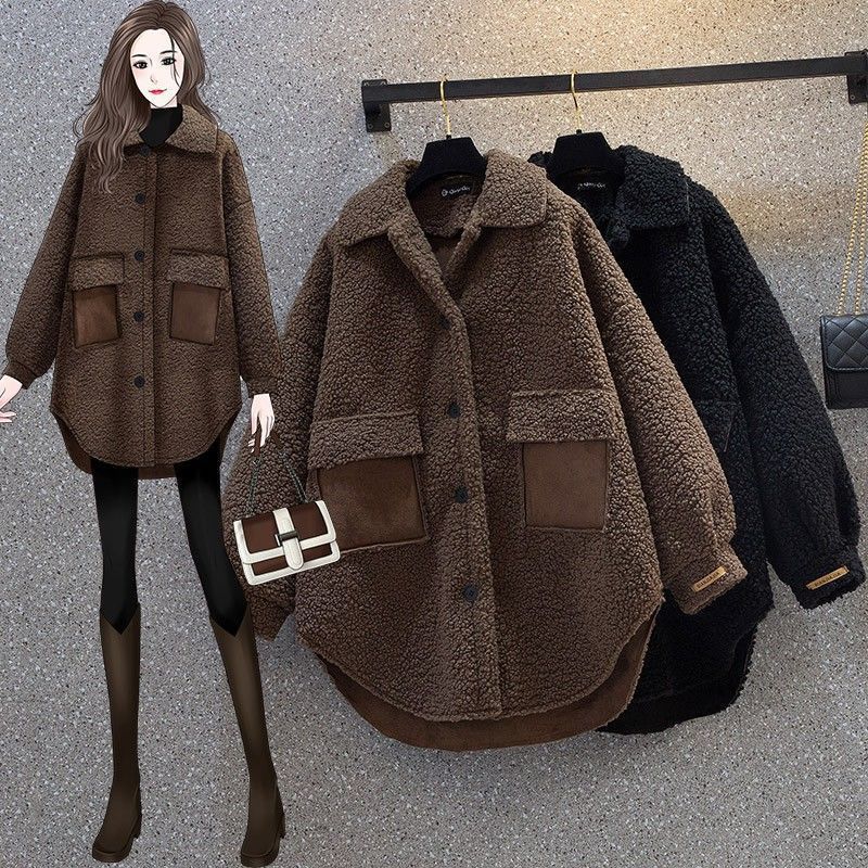 Casaco feminino de lã de cordeiro para inverno, jaqueta longa, acolchoada e espessa, corte solto, agasalho grande com detalhes em patchwork_voghion.com