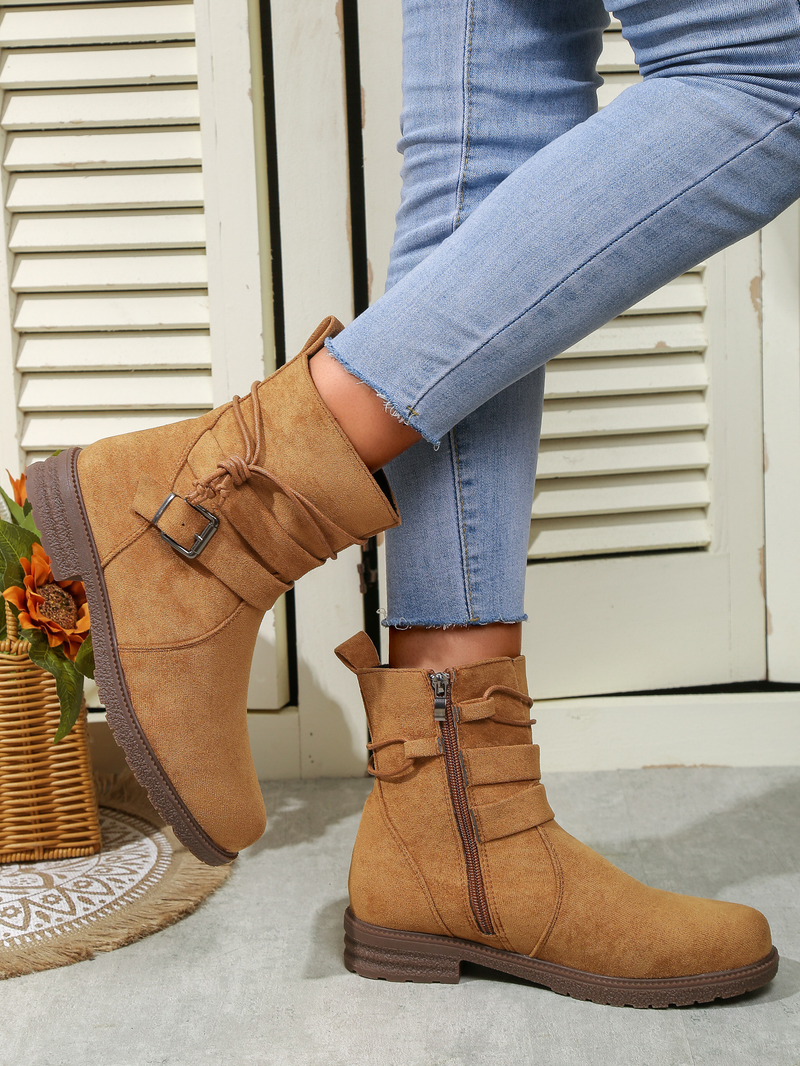Short Booted Women's 2023 Autumn/winter New Round Head Martin Boots Side Zipper Belt Buckle Women's Boots_voghion.com