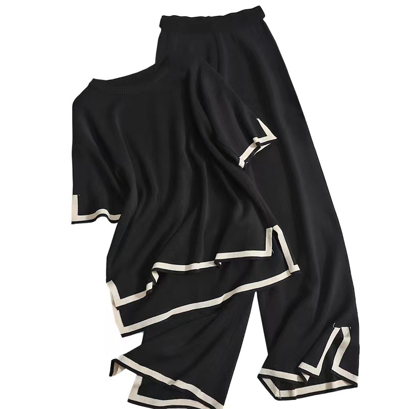 Abito casual da donna temperamento maglione a maniche corte con fessura di colore a contrasto + pantaloni a gamba larga slim a vita alta pantaloni in due pezzi_voghion.com
