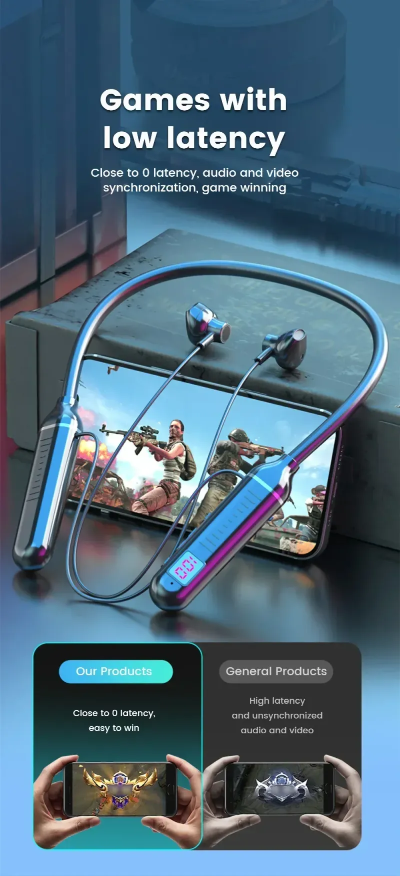 Kabellos Kopfhörer Bluetooth 5.3 Halsband Kopfhörer Gaming LED Display HIFI Headset Sport TWS Kopfhörer Mat Mikro TF Kaart_voghion.com