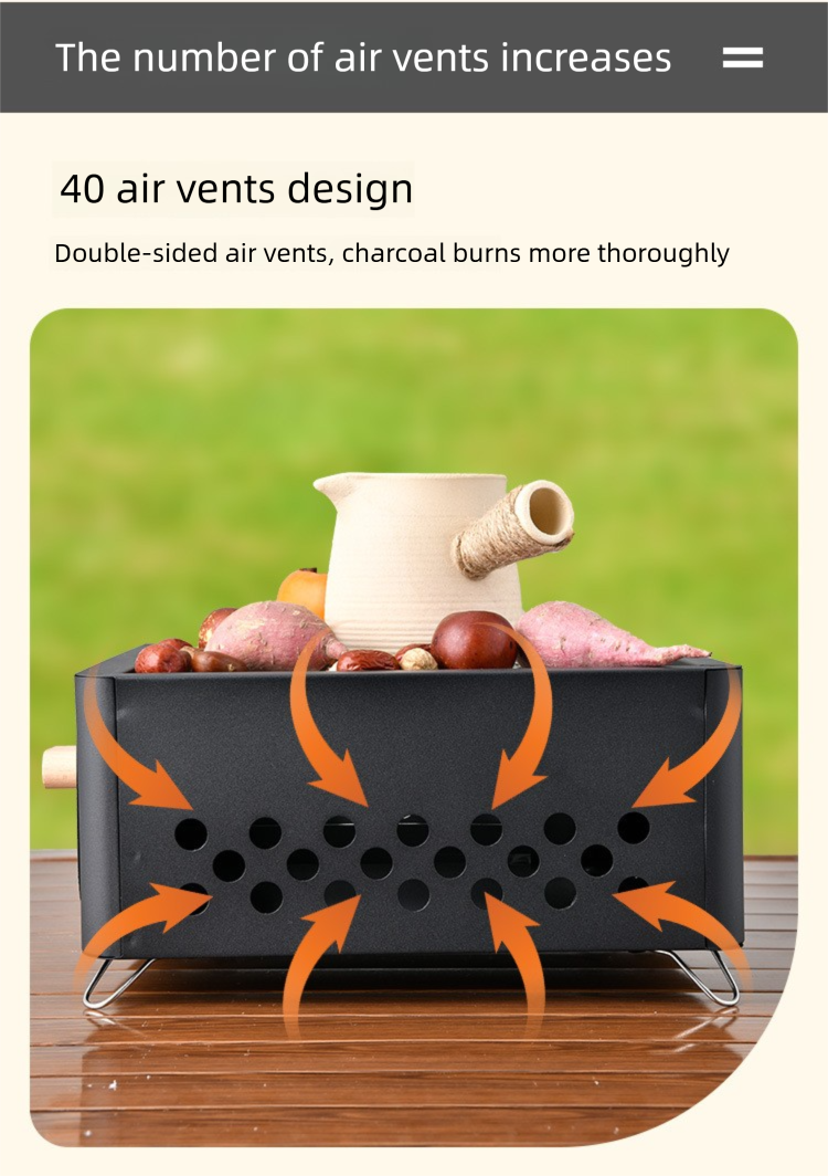 Churrasqueira quadrada a carvão com fogueira, portátil para áreas externas, ideal para camping no jardim, dupla utilização para preparar chá e churrasco_voghion.com