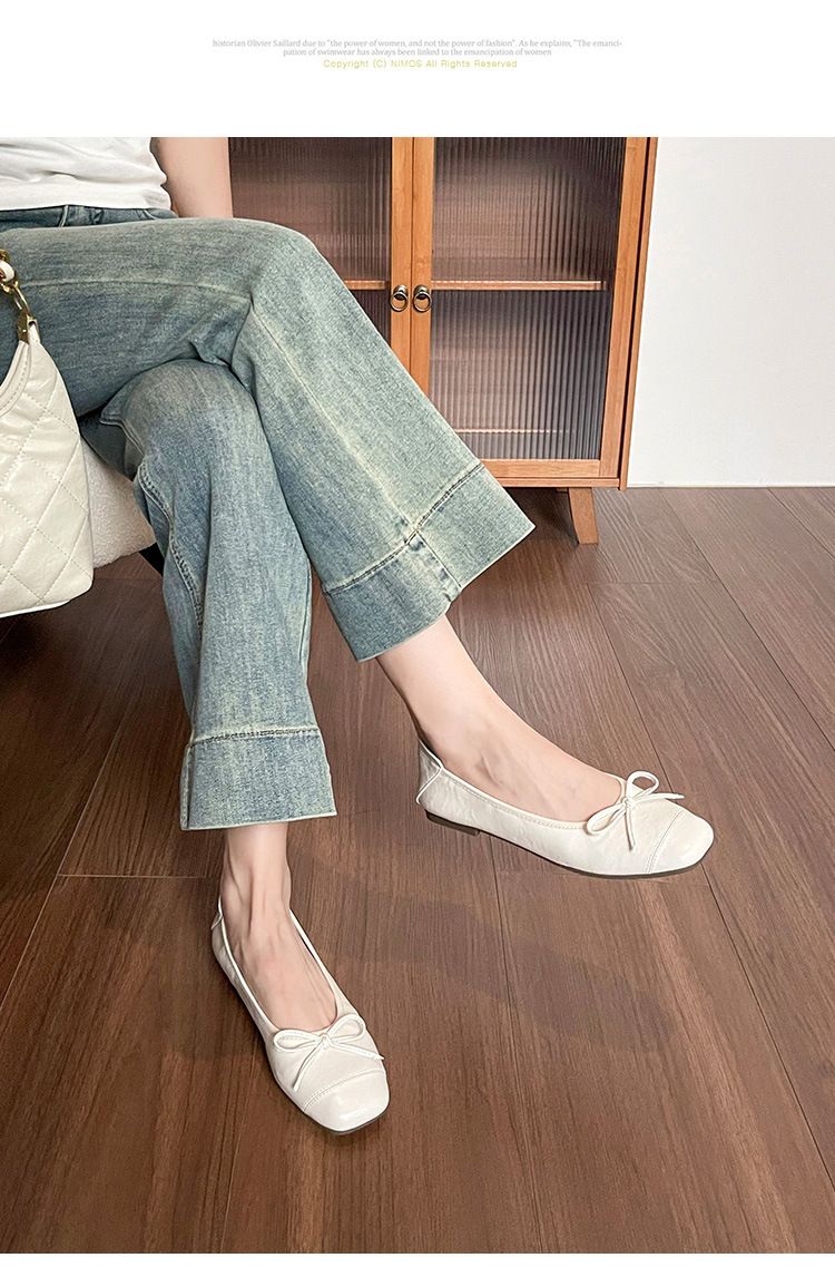 Square Head Bow Ballet Single Shoes Women's Flat-soled Laden Shoes French One-pedal Beanie Shoes_voghion.com