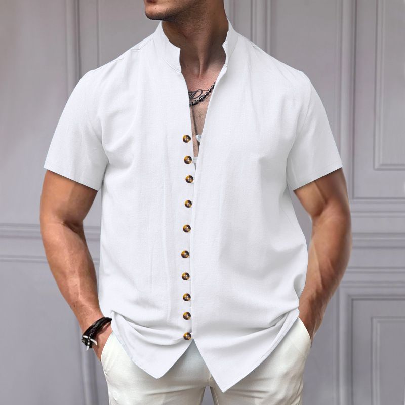 Maglietta da uomo nuova, vintage, in lino, con bottoni, colletto e maniche corte_voghion.com