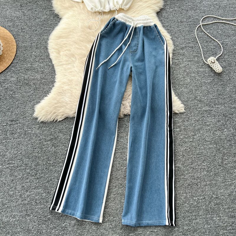 Damenbekleidung Modeanzug für Frauen Kordelzug Taille Kurze Kontrastfarbe Stehkragen Hohe Taille Denim Weite Beinhose_voghion.com