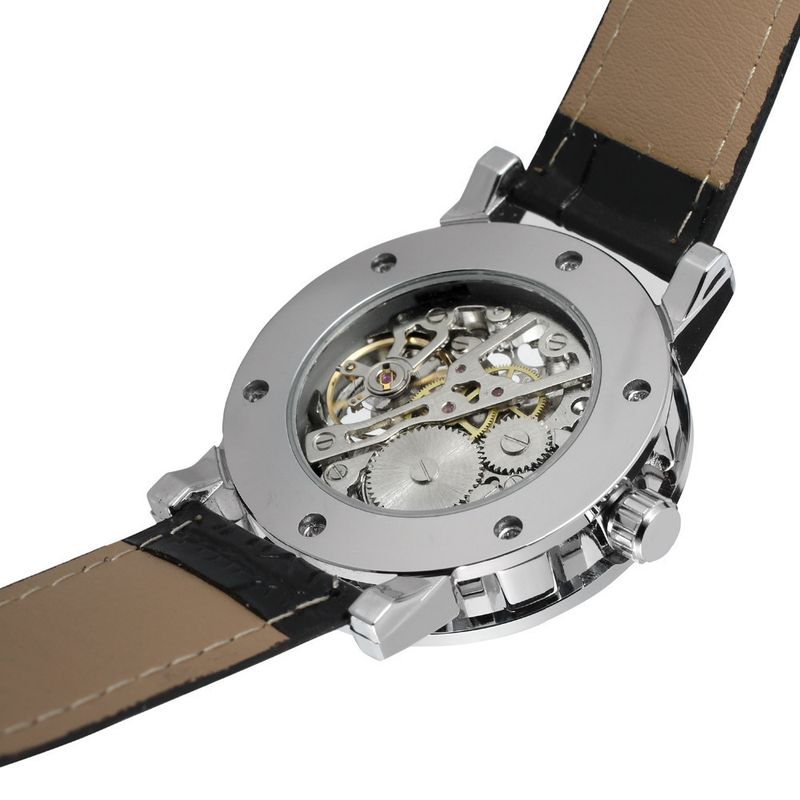 Men's Fashion Skeleton Mechanical Watch With Rhinestones - Hand-Winding Luxury Timepiece, 40mm Leather Strap, Stainless Steel Buckle_voghion.com