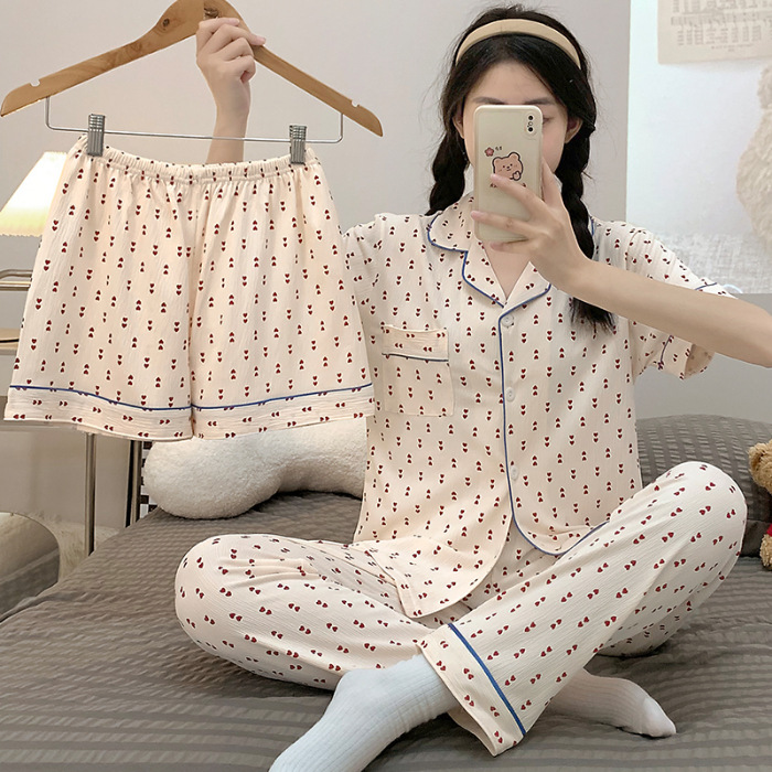 Pigiama da donna in tessuto stropicciato primavera ed estate 2024, dolce cardigan in stile coreano, pantaloncini a maniche corte, pantaloni lunghi,_voghion.com