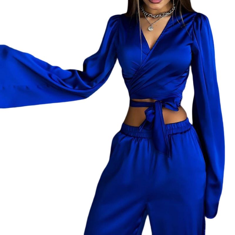 Autumn solid color long-sleeved tops straight trousers casual suit two-piece set_voghion.com