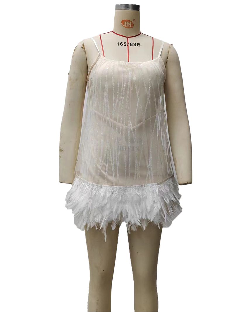 Women's Clothing Party Dress Sexy Backless Short Skirt Layered Tassel Mesh Sequin Suspender Skirt_voghion.com