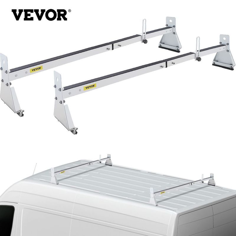 VEVOR Van Roof Ladder Rack, 2 Bars, 331 LBS Capacity, 52"-63.8" Adjustable Steel Roof Rack Cross Bar With Ladder Stoppers, Fit With Rain Gutters, For Kayak Canoe Lumber Pipe Cargo,, White_voghion.com