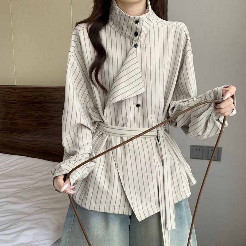 Irregular Long Sleeve Striped Turtleneck Shirt For Women, Autumn And Winter, Plus Size, Designed To Slim_voghion.com