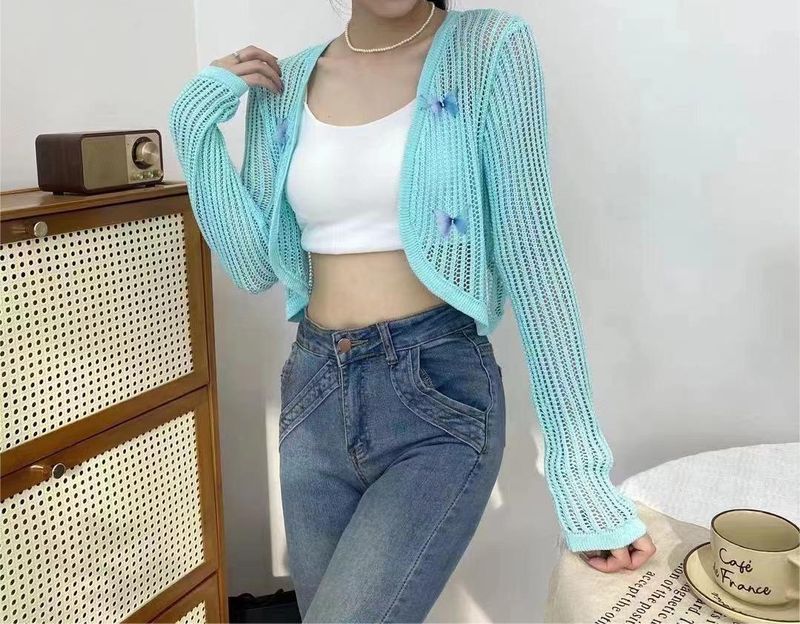 2024 Sommar Ny Design Fjärilsdekor Ihålig Stickad Tröja Koreansk Solskyddstopp För Damer_voghion.com