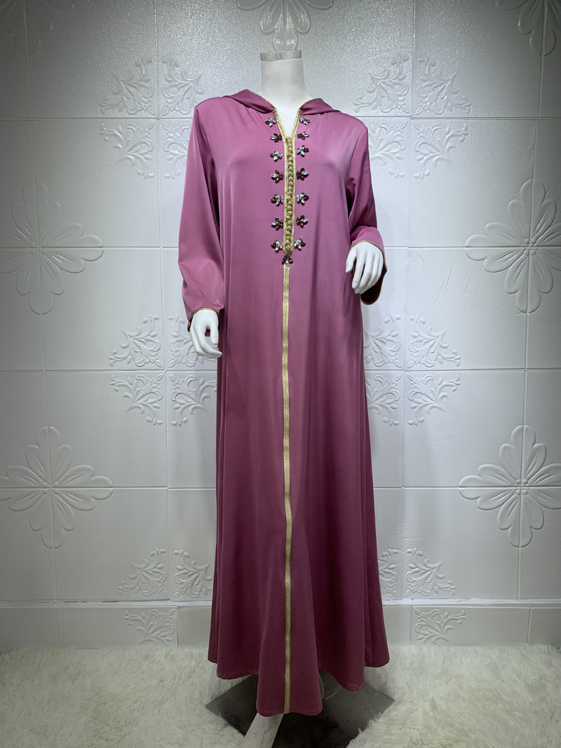 Vestido muçulmano feminino de cetim com contas abaya Dubai leve vestido de noite étnico luxuoso_voghion.com