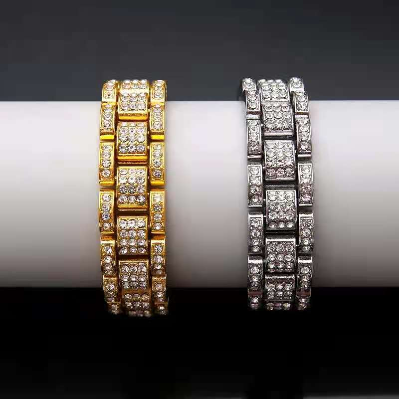 Zegarek na bransoletce dla mężczyzn Iced Out Clock Hip Hop Duży łańcuch Złoty zegarek na rękę Rhinestone Bling Męski zestaw prezentowy Religio Masculino_voghion.com