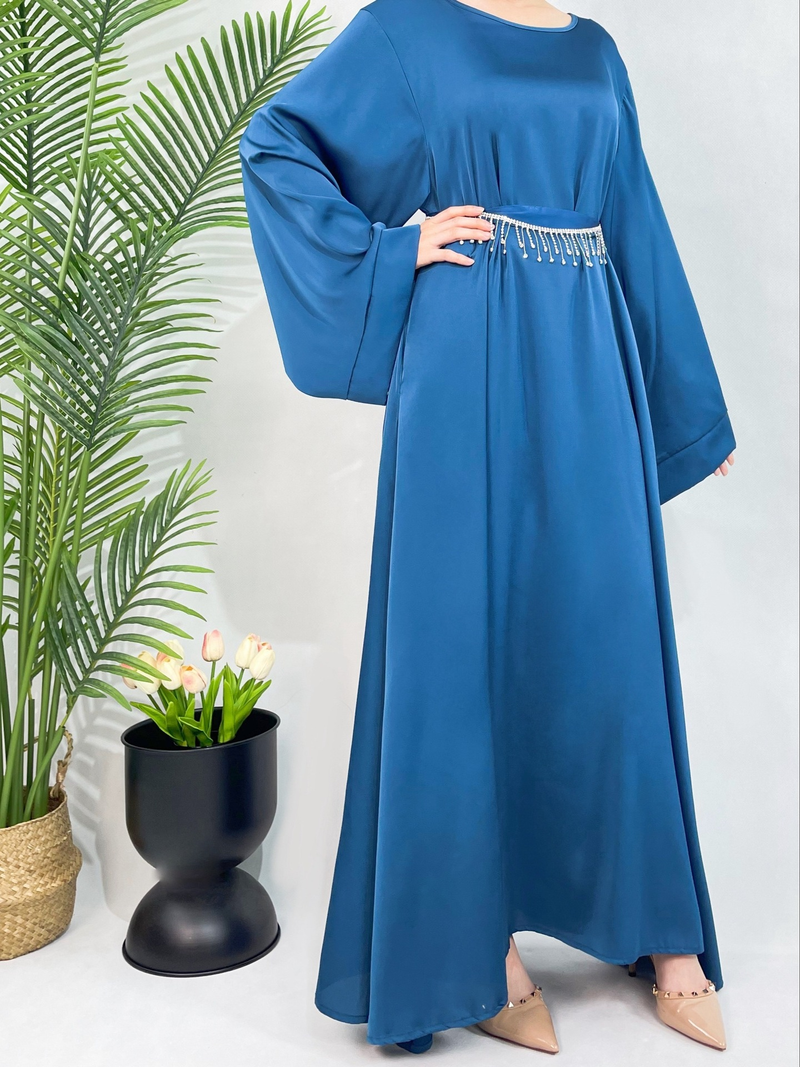 Dámské oblečení s kamínkovým páskem, dámské saténové šaty, elegantní a vznešené malajské šaty, abaya, velká velikost_voghion.com