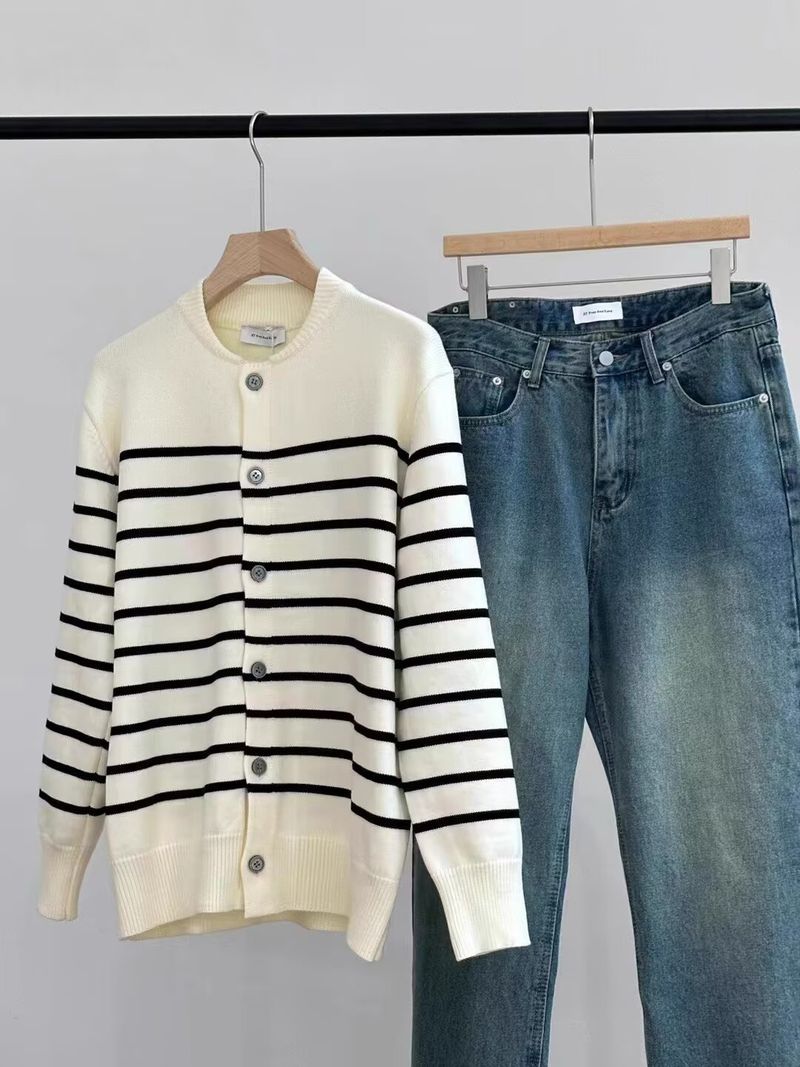 Gestreifter Damen-Strickpullover – Langärmliger, lässiger Mantel mit Knopfleiste vorne, offen, weich und bequem, trendiger College-Stil_voghion.com