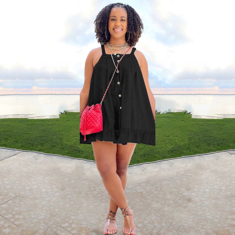Women's Denim Dress - Square Neck Strappy Button Pocket Loose Fit Ruffled Hem Washed Denim Skirt_voghion.com