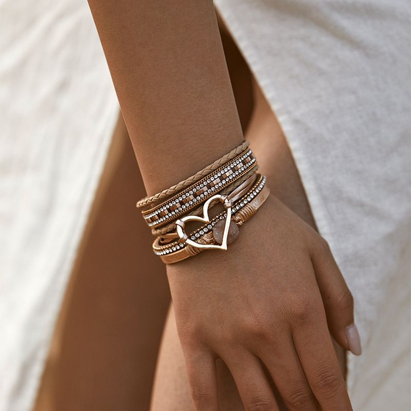 Set di bracciali a strati bohémien - Bracciale rigido regolabile a cuore aperto e catena con perline_voghion.com