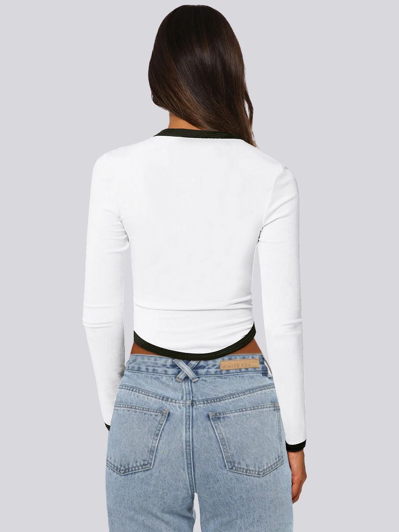 Blusa feminina primavera verão 2025, manga comprida, gola redonda, slim fit, bloco de cores_voghion.com