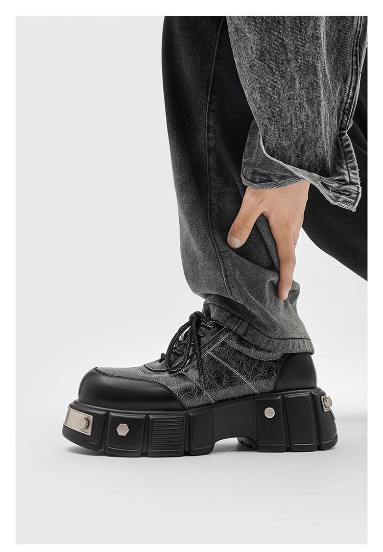 Paris 7 cm dicke Sohle, Erhöhung des großen Kopfes, Derby-Schuhe, dicke Sohle, runder Kopf, kleine Lederschuhe, Metall, Retro-Muffin-Papa-Schuhe_voghion.com