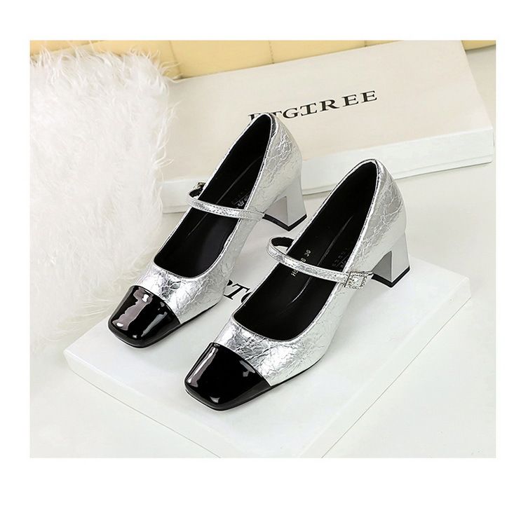 Women's shoes diamond-in-line with square head chunky mid-heel leather color patchwork single shoes_voghion.com