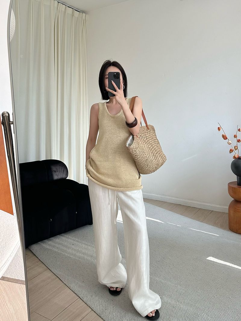 Atmungsaktive Hose aus Leinen-Baumwolle mit weitem Bein für Damen – Relaxed Fit Hose mit hoher Taille und geradem Bein und Kordelzug, lässige Loungewear für den Sommer in Weiß_voghion.com