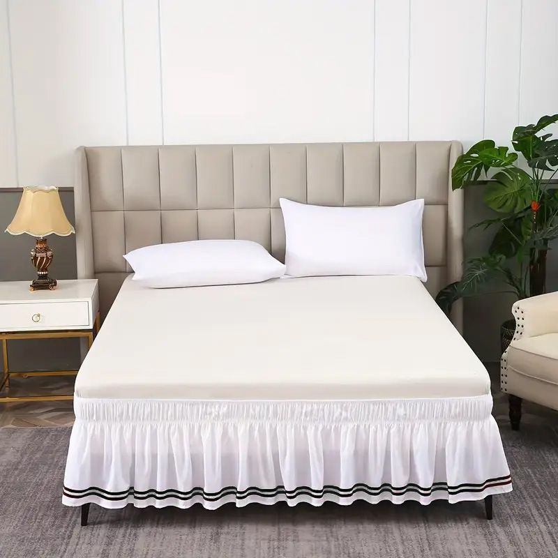 Gonna da letto elasticizzata aderente - Volant antipolvere tinta unita e a righe (tessuto antipiega con tasche profonde per letto matrimoniale/king size, facile da installare)_voghion.com