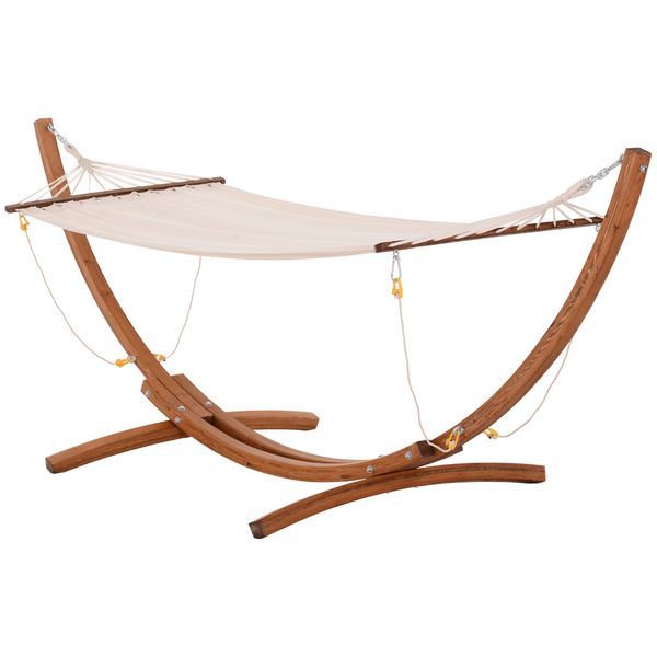 10' Wood Hammock With Stand, Breathable Cotton Surface, Boho Style For Single Person, For Patio Backyard Balcony Porch, White_voghion.com