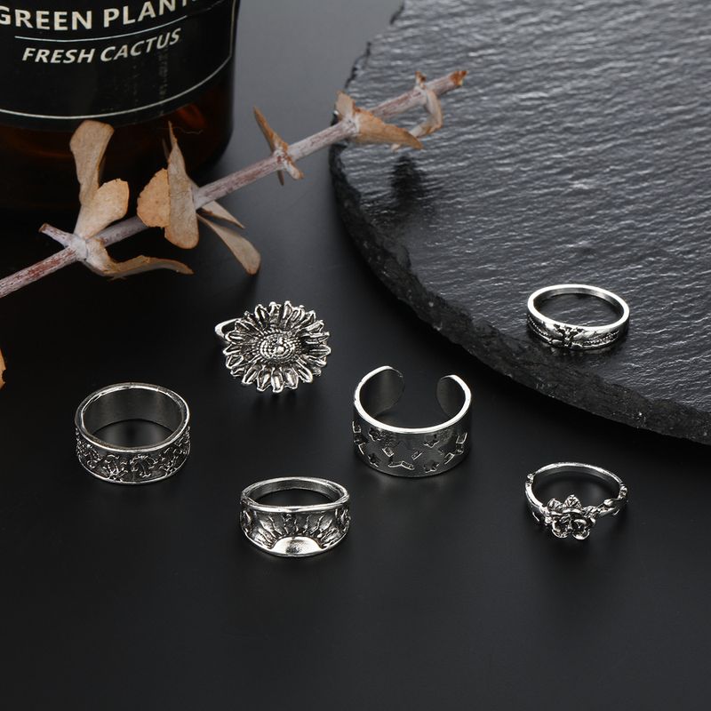 Nieuwe combinatie persoonlijkheid rozenbloem vijfpuntige ster holle 6-delige ringset_voghion.com