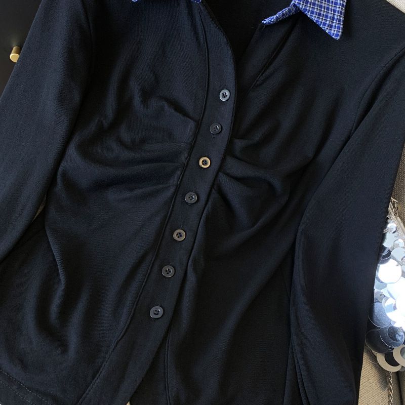 Maglietta a maniche lunghe con colletto polo da donna, nuova primavera, versatile, a quadri con pieghe e colori a contrasto_voghion.com
