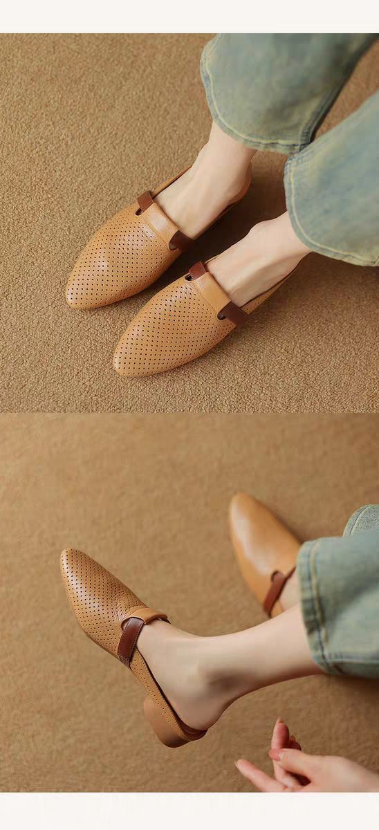 Französische atmungsaktive Hohltaschen-Halbpantoffeln für Damen, weiches Leder, runde Sandalen, faule Muller-Schuhe mit niedrigem Absatz_voghion.com