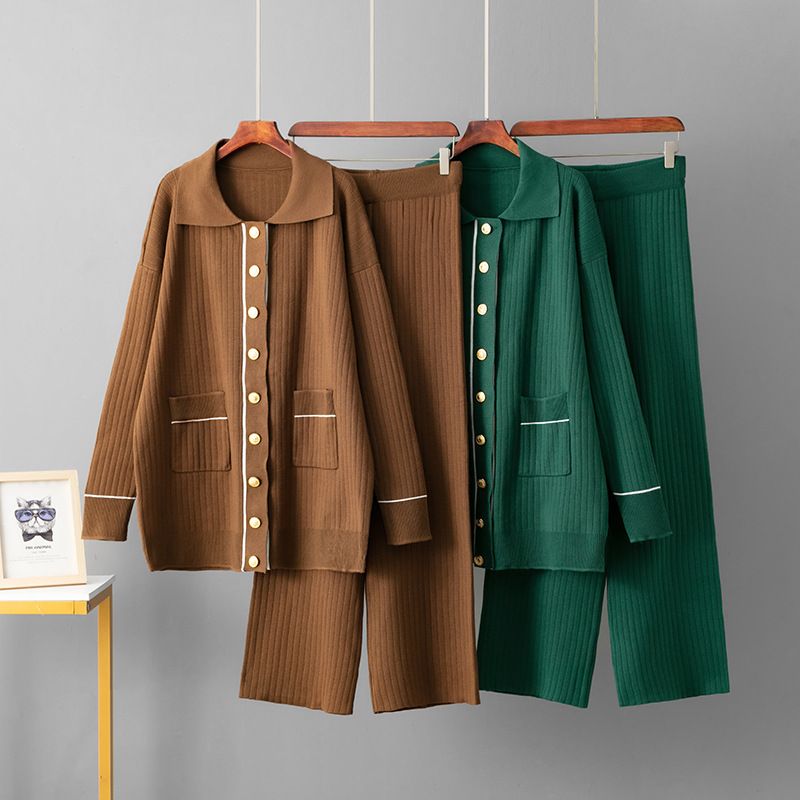 Ensemble 2 pièces en tricot surdimensionné pour femme – Cardigan boutonné sur le devant + pantalon large (noir/olive/kaki) – Ensemble en rayonne respirante pour le bureau et le salon._voghion.com