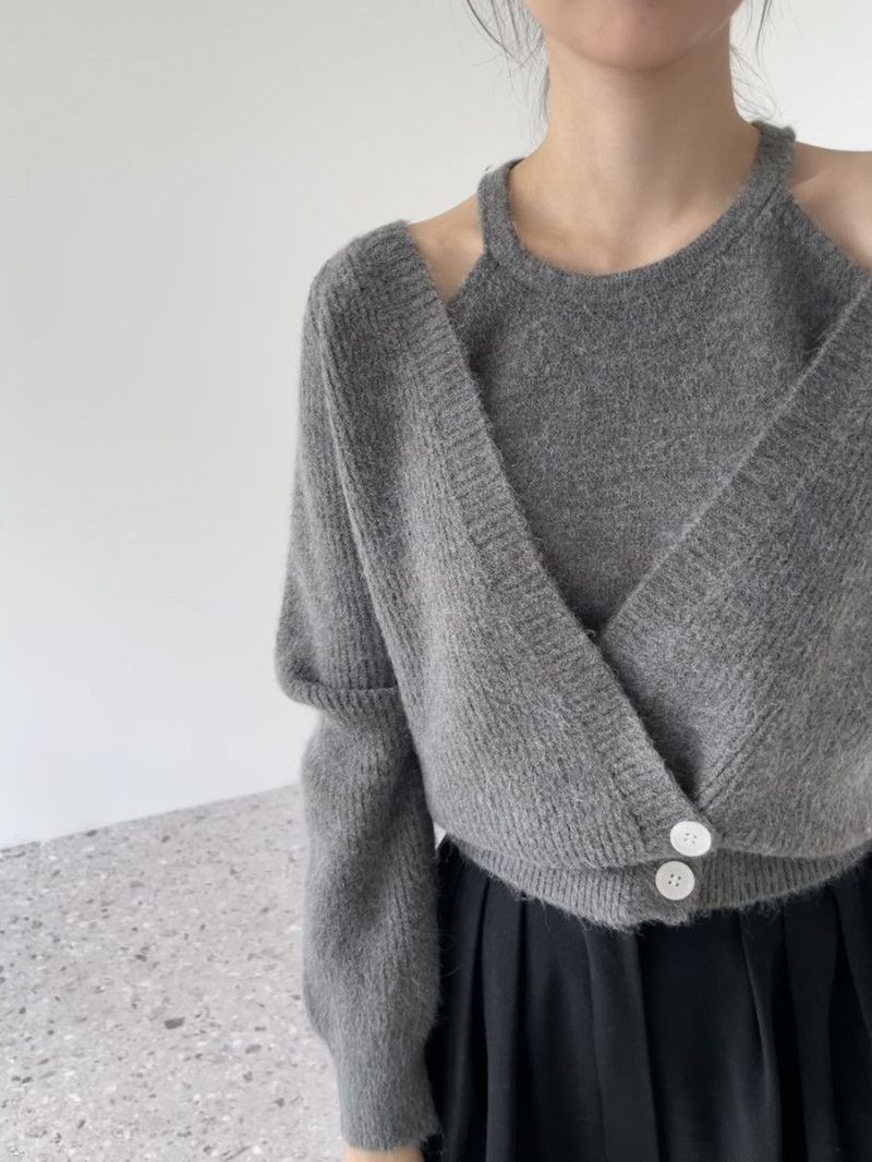 Lazy Knit Cardigan Set Damen Zweiteiliger V-Ausschnitt Langarm Pullover mit offener Vorderseite und Trägerweste_voghion.com