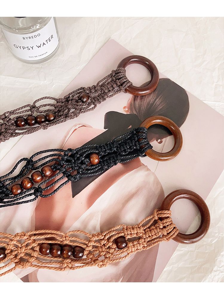 Gewebter Gürtel aus gewachster Kordel mit Holzschnalle, neuem, verlängertem Quasten- und Perlengürtel, Nischendesign mit Rockbesatz_voghion.com