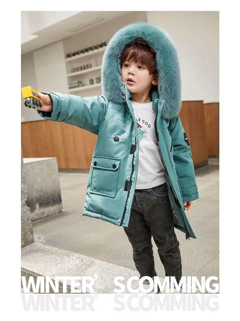 Boys' Long Down Jacket – Winter-Proof Parka With Eco-Friendly Fur Trim (90% White Duck Down, Water-Resistant Shell, Ages 3-12, 90-150cm)_voghion.com