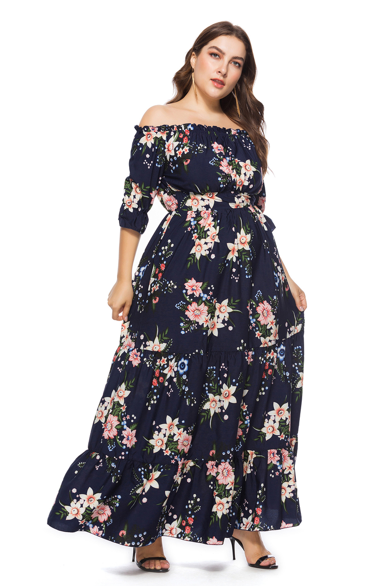 Kadın Büyük Beden Elbiseler Yaz Tek Çizgi Yaka Boho Elbise_voghion.com