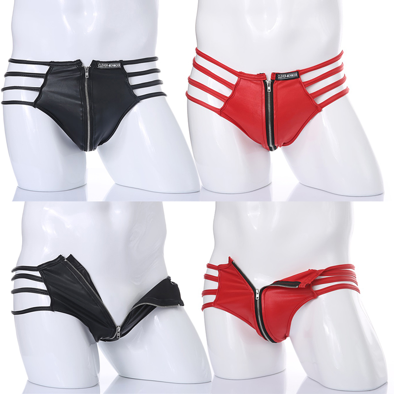 CLEVER-MENMODE Ropa interior sexi para hombre, Tanga de piel sintética de PU, vendaje BDSM, calzoncillos con cremallera, suspensorio, lencería erótica_voghion.com