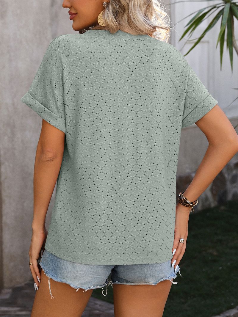 2024 Spring And Summer New V-Neck Button Solid Color Dot Loose Short-Sleeve T-Shirt For Women_voghion.com