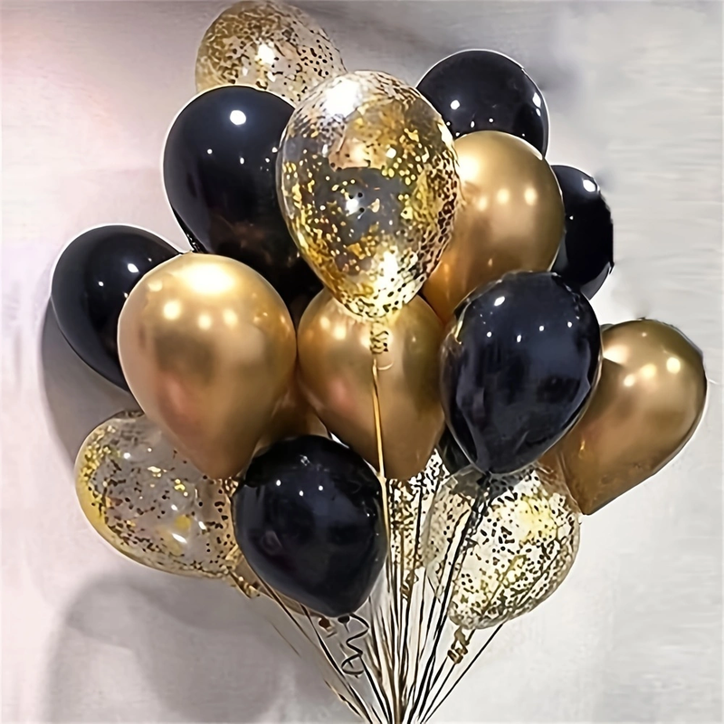 Set de 30 globos de confeti negro y dorado para decoración de fiestas de cumpleaños, bodas, baby showers, aniversarios y graduaciones._voghion.com