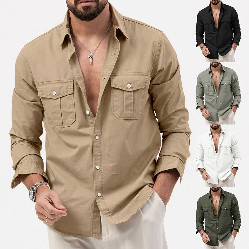 Pulse Cross-Border Foreign Trade 2025 New European And American Men's Shirt Multi-Pocket Casual Long Sleeve_voghion.com