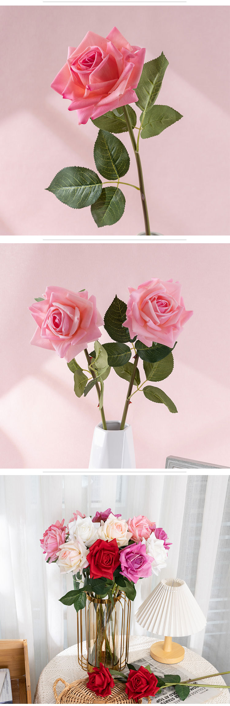 Decorative light and moon moist feel curled rose artificial florist fake flowers and green plants wholesale cross-border MW60003_voghion.com