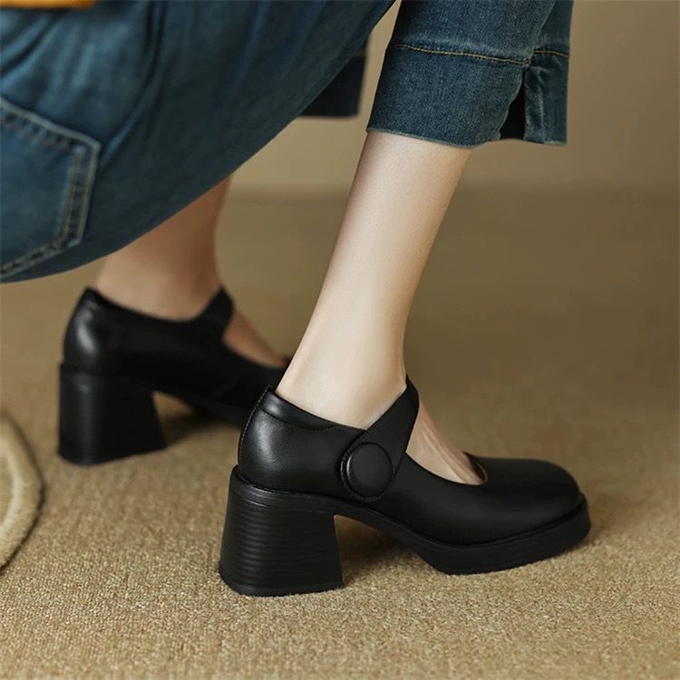 Treasure Of The Store: Super Comfortable Color-Block Strap Chunky High Heels Mary Jane Women's Leather Shoes_voghion.com
