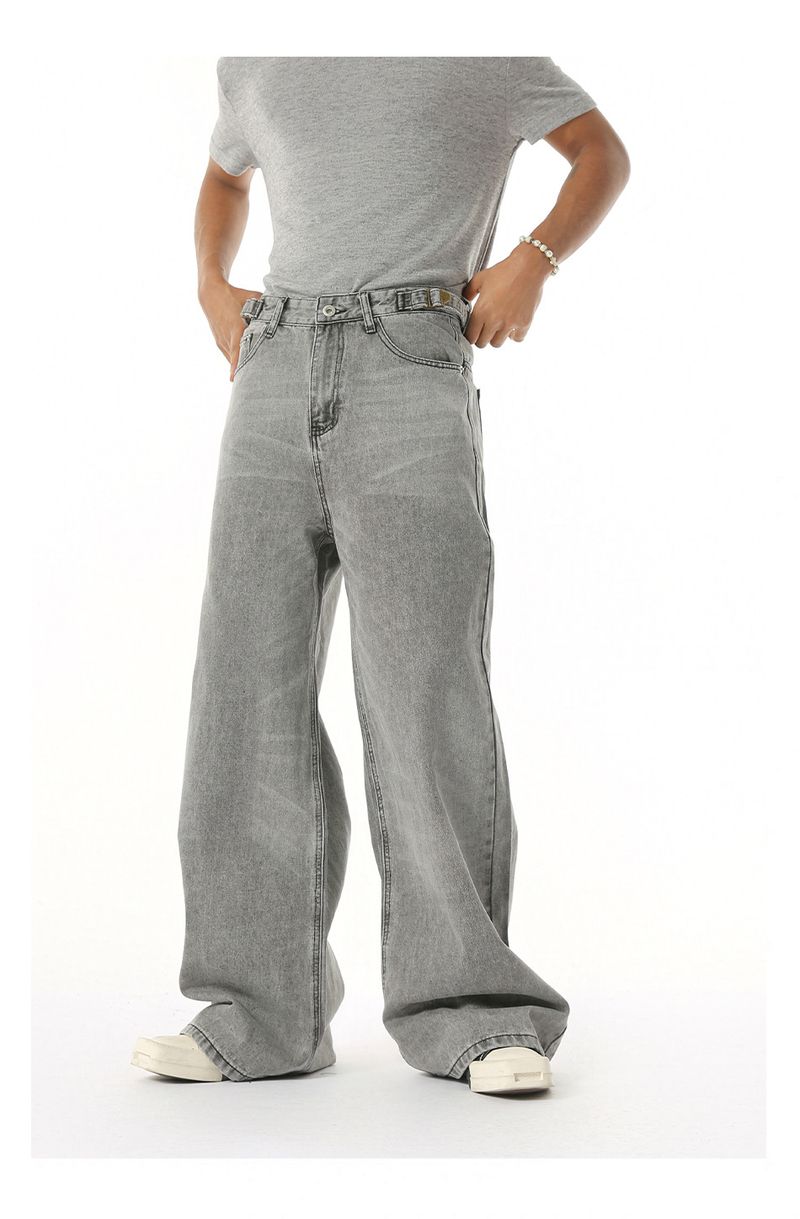 EF JEANS | 2025 New American Niche Retro Belt Adjustable Straight Loose Grey Jeans_voghion.com