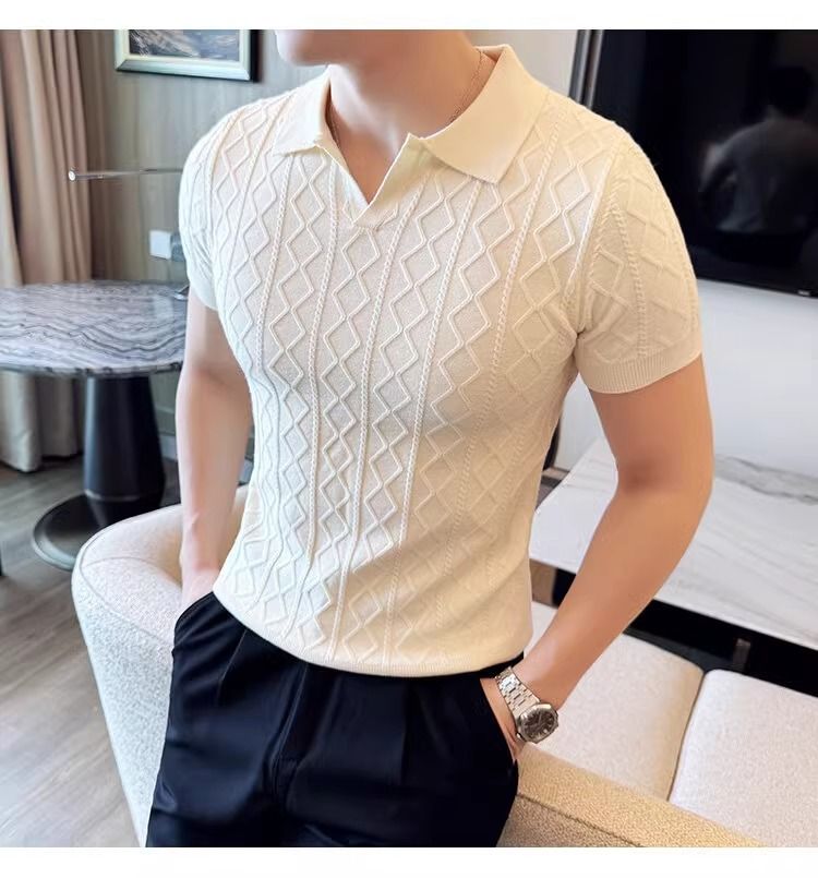 HerrenbekleidungKurzarmpullover Strukturiertes Poloshirt für Herren Revers V-Ausschnitt Slim Fit Business-T-Shirt_voghion.com
