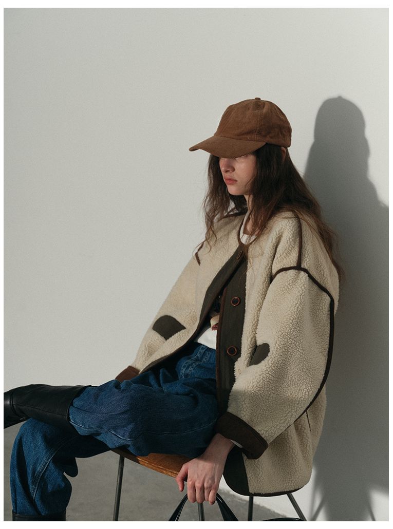 Patchwork Color-Block Lamswollen Jas Voor Dames Lente Nieuwe Mode Veelzijdige High-End Warme Top_voghion.com