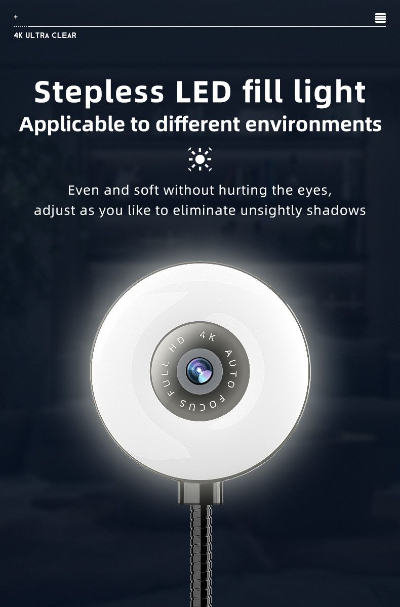 Webcam 4K con messa a fuoco automatica, luce di riempimento a LED e riduzione del rumore, telecamera USB Plug-Play per zoom/streaming/lezioni online, cuffie cablate gratuite incluse_voghion.com