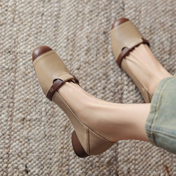 Damenschuhe mit weicher Sohle, Einzelschuhe mit leichtem Mund, farblich passende Arbeitsschuhe aus Leder mit rundem Kopf und niedrigem Absatz und einem Pedal_voghion.com