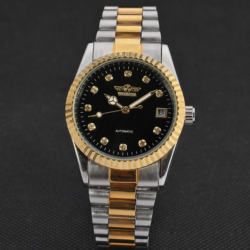 men's gold steel band business watch rhinbit band calendar through the bottom automatic manual mechanical watch_voghion.com