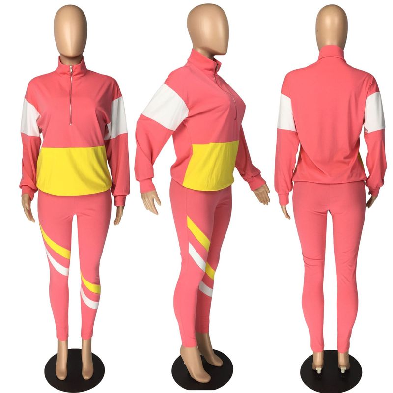 Zweiteiliger Freizeit-Sportanzug für Damen im Farb-Patchwork-Design_voghion.com