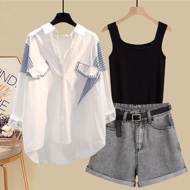 Ropa de mujer, tallas grandes, trajes de verano para mujer, novedad de 2024, camiseta con protección solar, chaleco, pantalones cortos vaqueros ajustados que combinan con todo, traje de tres piezas_voghion.com